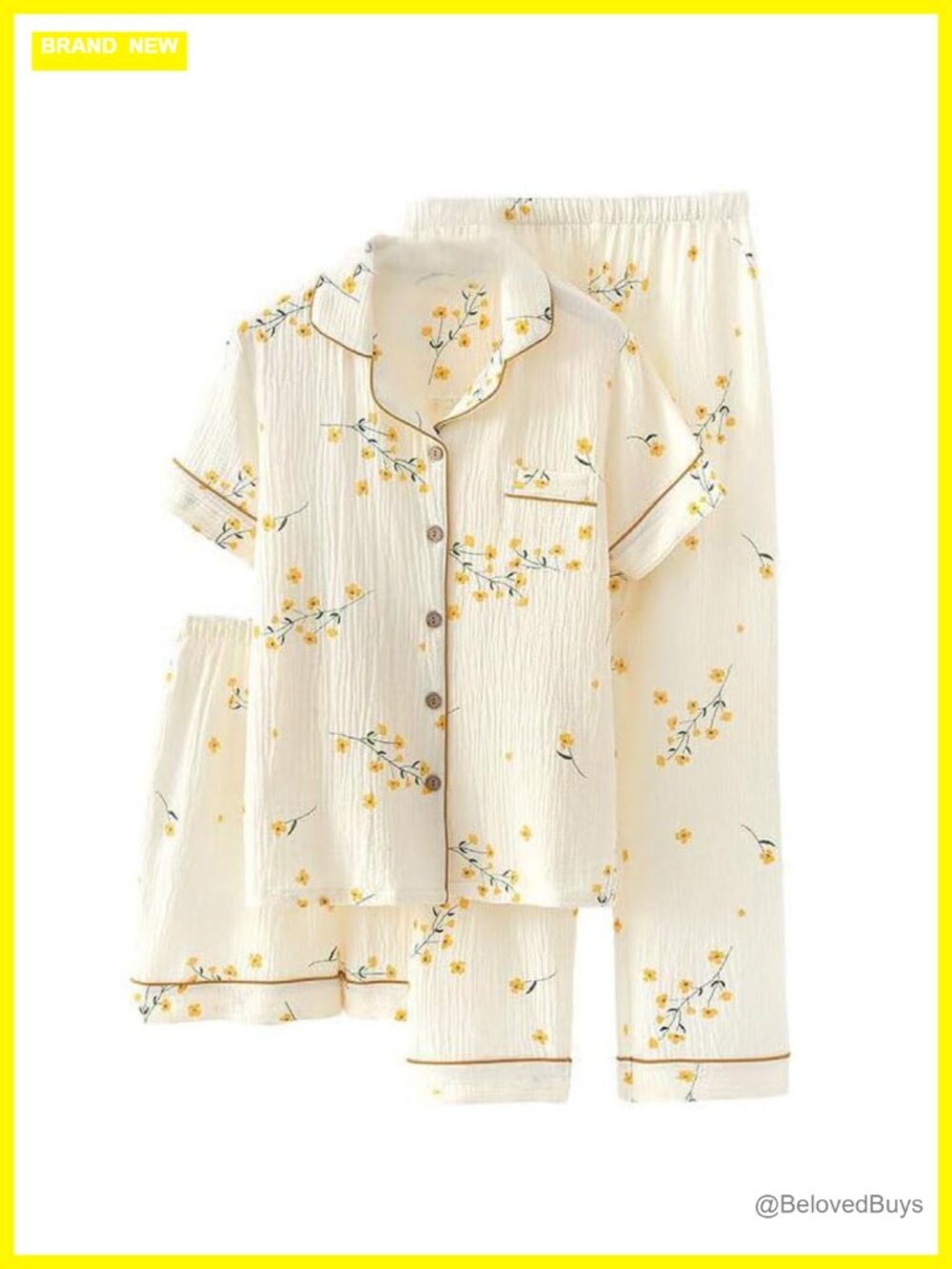 Womens Cotton Gauze 3-Pc Pajama Set Short Sleeve Sleepwear with Long Pants